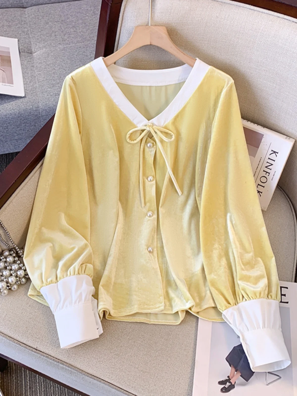 

Ele Yellow Patchwork V-Ne Belted irt Women's Casual Velvet Top Trendy Autumn Winter High-End Feel Korean Sle Loose Fit