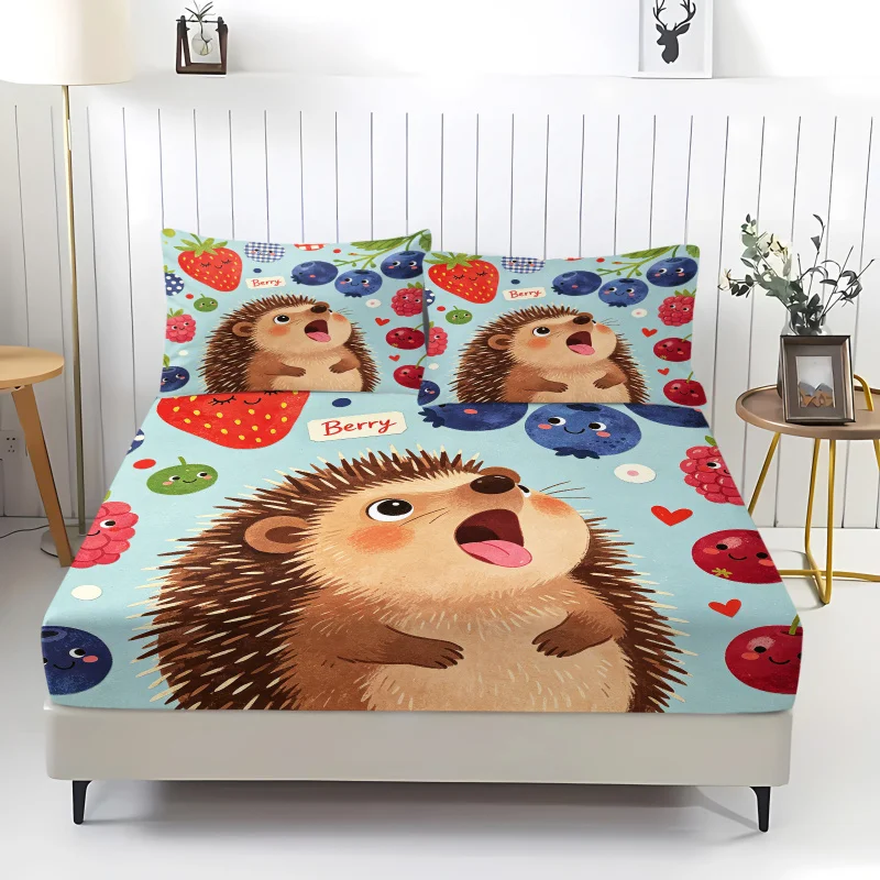 Cartoon Woodland Fruit Print Fitted Sheet Set Bed Sheet Set Bedding Set No Fillers Minimal Bedroom Bedding Decor