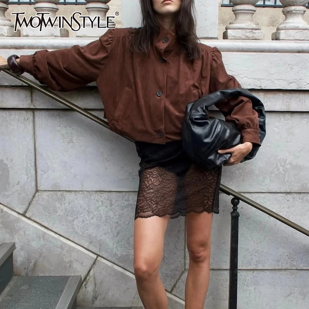 

TWOTWINSTYLE Vintage Basics Coat for Women Stand Collar Long Sleeve Patchwork Buttons Fashion Jacket Female Autumn Style Clothes