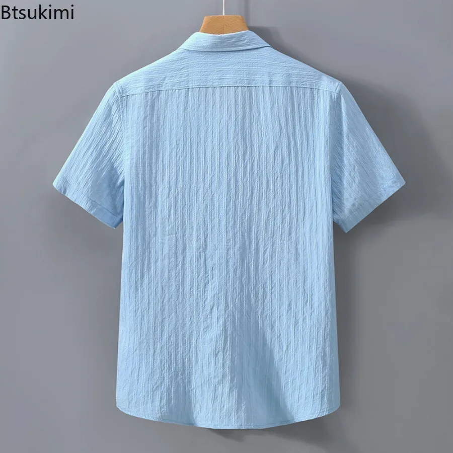 Summer New Solid Stripe Shirts for Men Breathable Short Sleeve Single-breasted Lapel Shirts Simple Casual Blouses Men Basic Tops