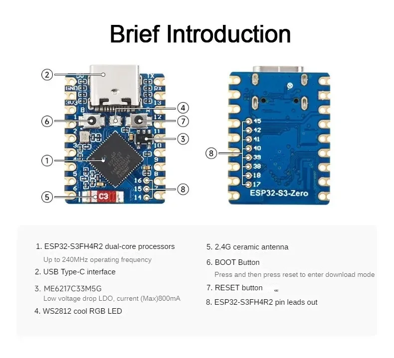ESP32-S3 Mini-Entwicklungsboard S3FH4R2 Dual-Core Typ-C Mikrocontroller WiFi BLE Drahtlosmodul – Detail 5