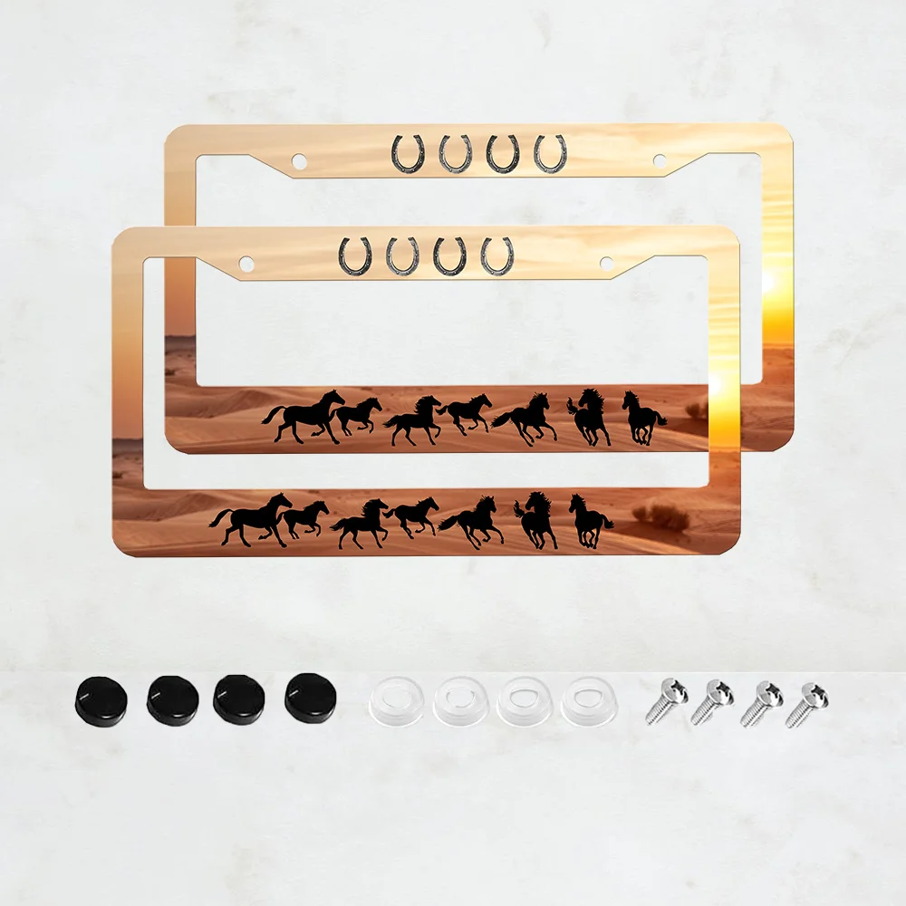 1pc 2D Flat Poster, Two Styles of Aluminum Horseshoe-shaped License Plate Frames Featuring Galloping Horse and Sunset Designs