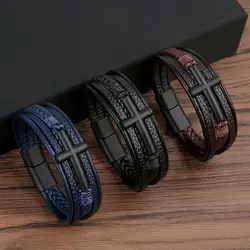 Multi-layer Cross Design Classic Metal Clasp Men's Leather Bracelet Handsome Men Christmas Gifts Male Jewelry