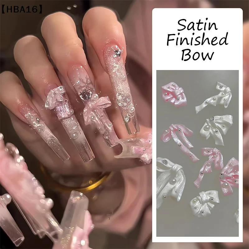 

10 шт. 3D-украшения для ногтей в виде бантов: атласные жемчужные шармы, разноцветные ленточные бантики со стразами, детали для маникюра DIY