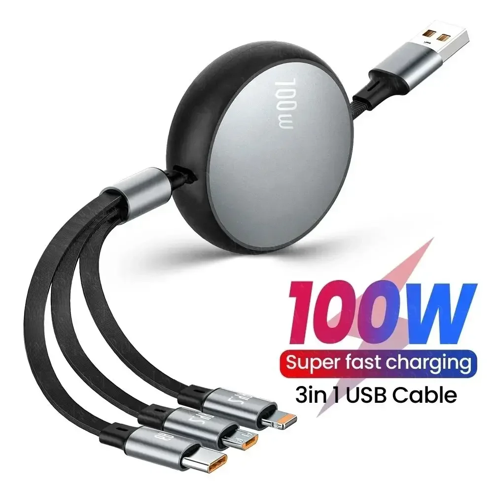 3in1 Retractable 6A 100W USB Cable for iPhone 14 13 12- USB To 8 pin/Type C/Micro Fast Charge Cable for Huawei Data Cable image 3