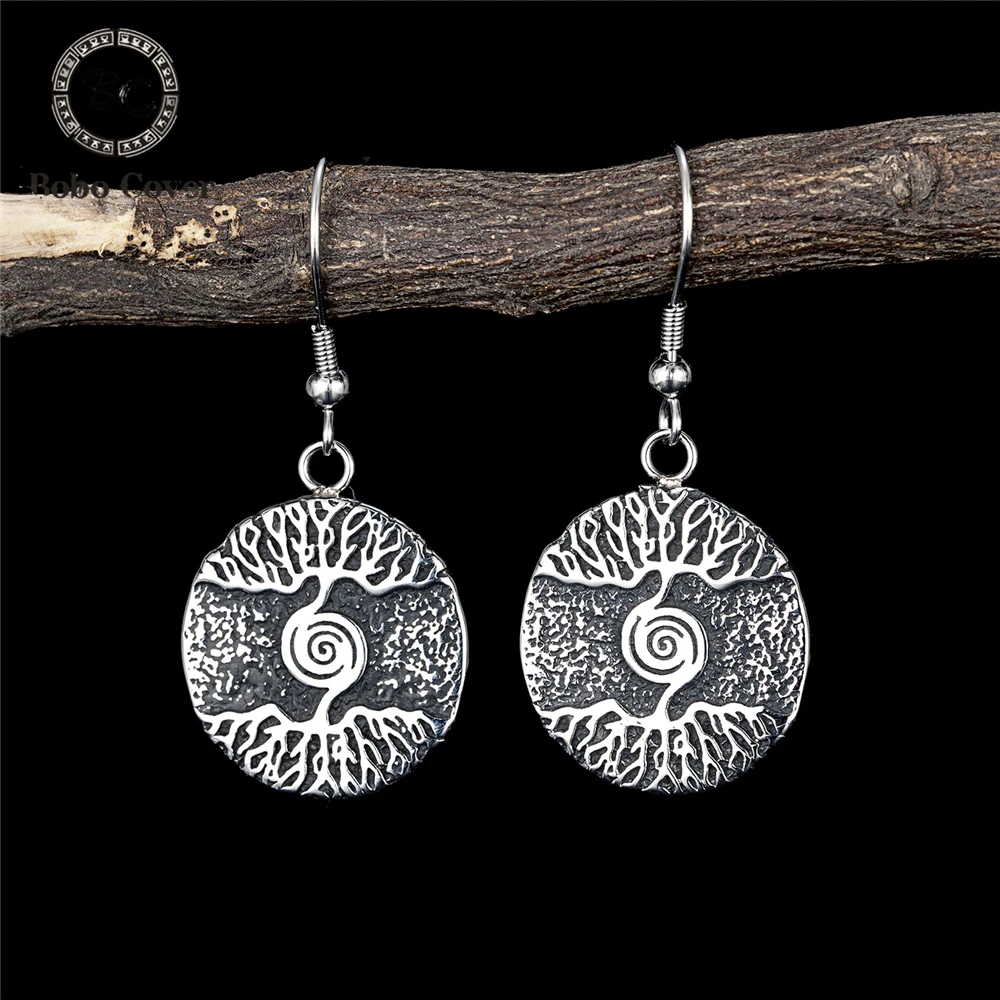 Norse Mythology Tree of Life Earrings Women Stainless Steel Viking Rune Amulet Yggdrasil Ear Pendant Scandinavian Female Jewelry