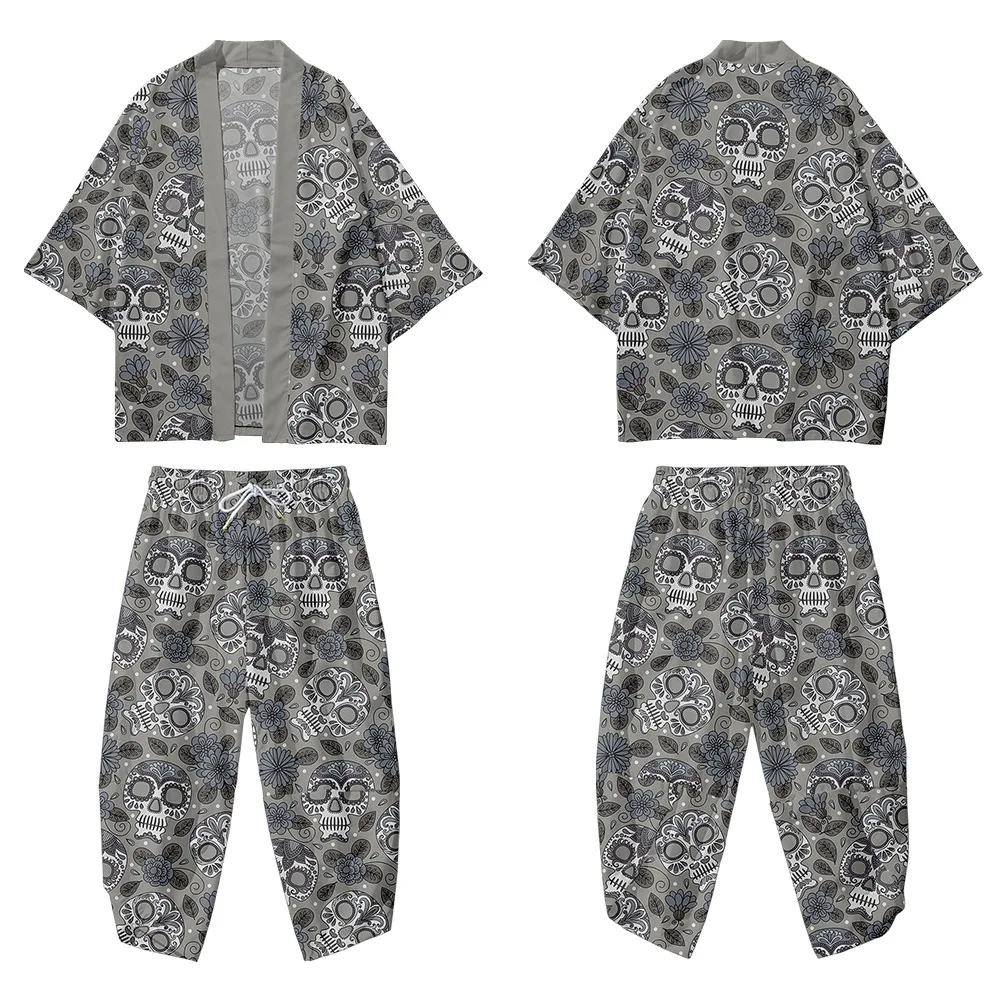 

Cartoon Skull Floral Leaves Printed Kimono Cropped Pants Set Women Men Japanese Haori Asian Streetwear Cardigan Yukata Cosplay