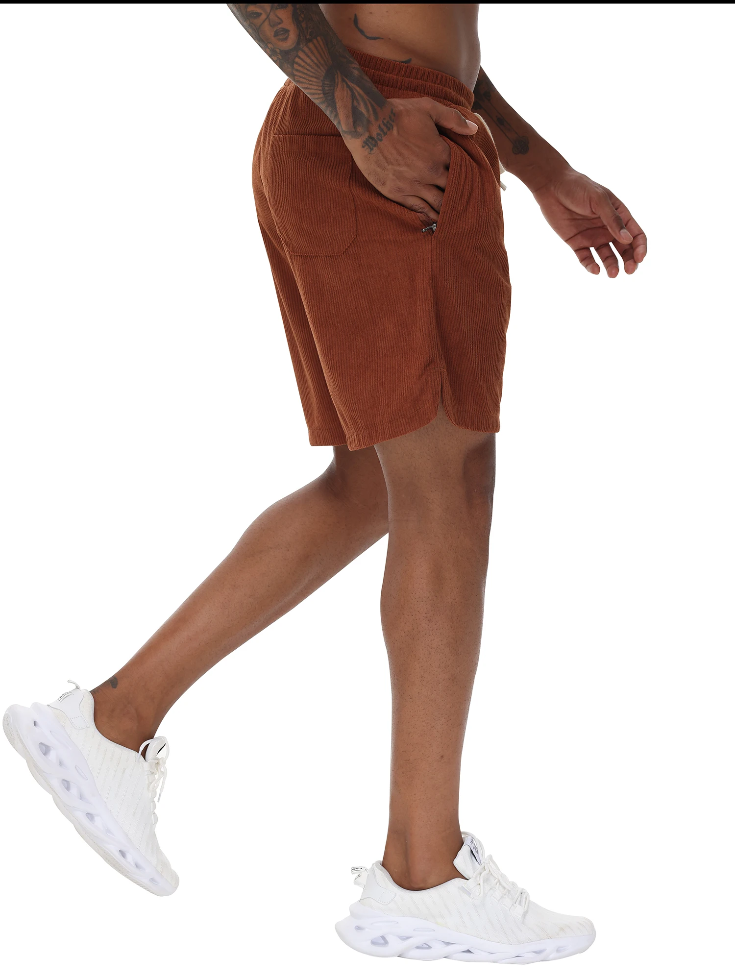 Men\'s casual athletic shorts solid color corduroy drawstring zippered pocket short Pants