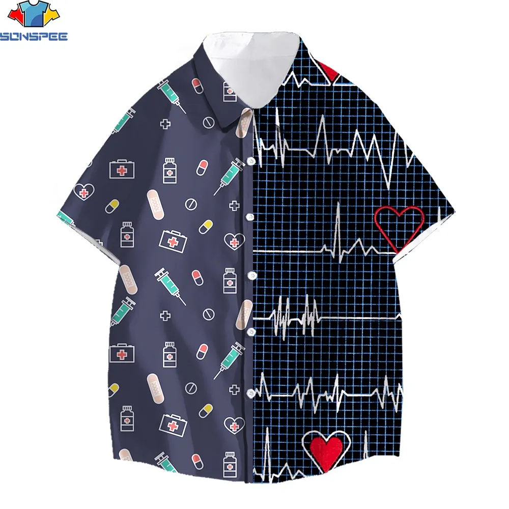 SONSPEE 3D Print Summer Men Women New Hawaiian Shirt Funny Heartbeat Injector Pills Band-Aid Popular Hot Sale Lapel Blouse Tops