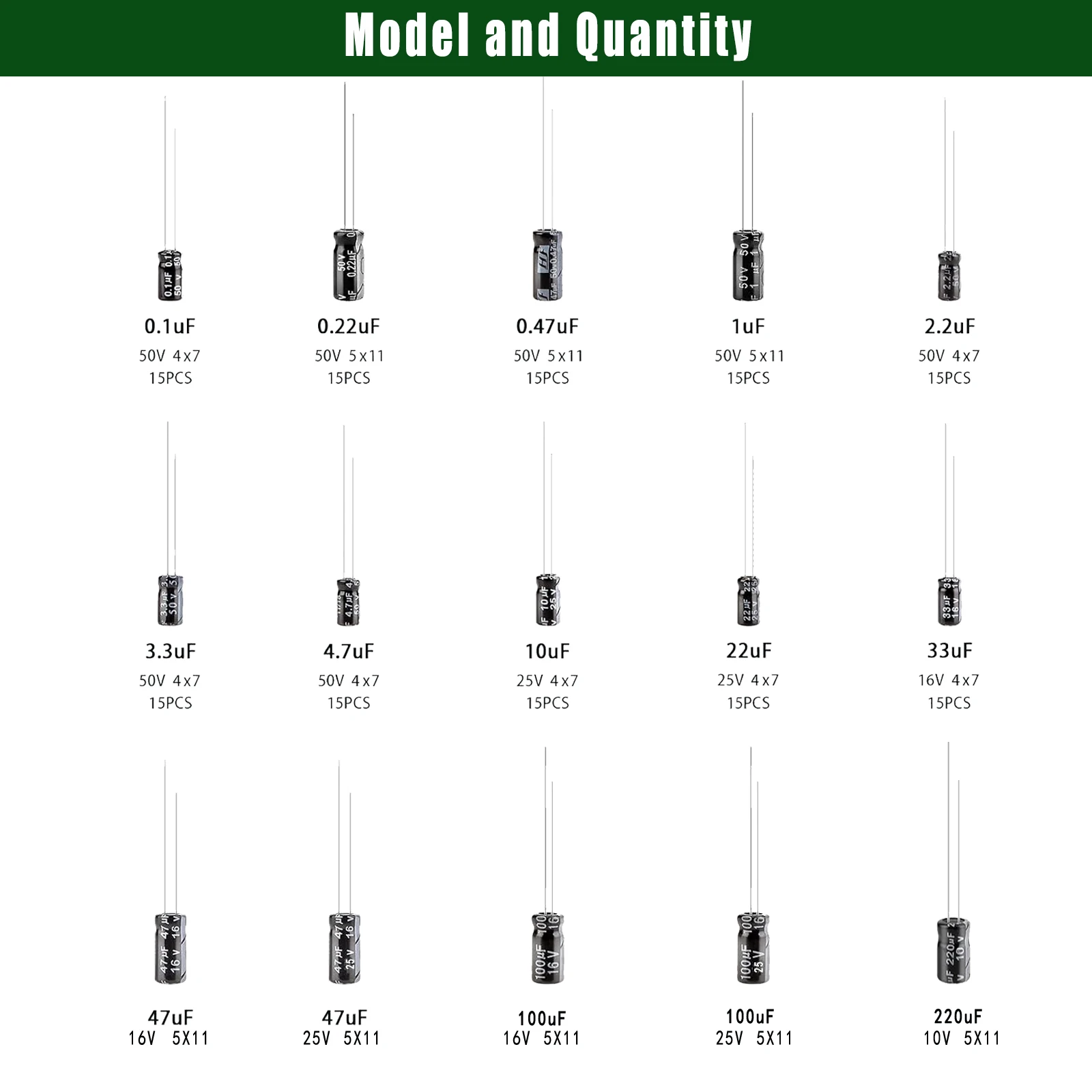15values/200pcs Aluminum Electrolytic Capacitor Assortment Kit 16v 25v 50v 0.1uf-220uf