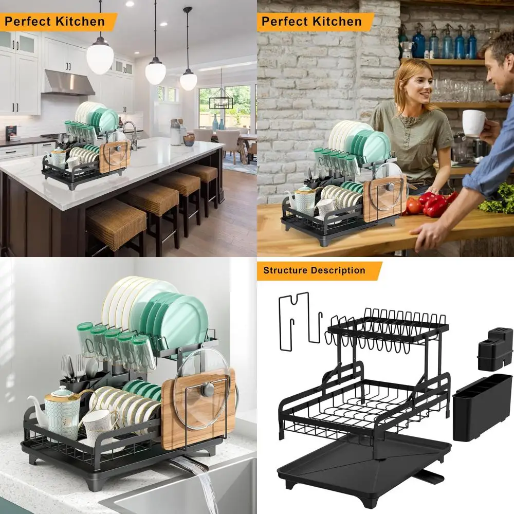 

Двухуровневая металлическая полка для посуды среднего размера для кухонной стойки — прочное, многофункциональное хранилище со сливной доской для гостиной квартиры