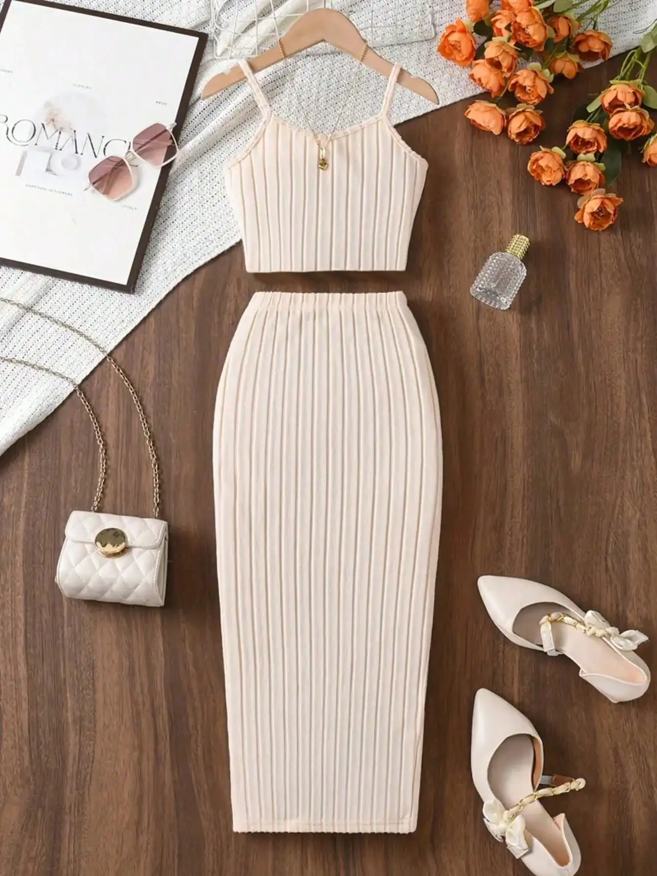 Elegant Solid Color Knitted Off-Shoulder Dress Set for Young Girls Strapless Top with Straight Leg Pants
