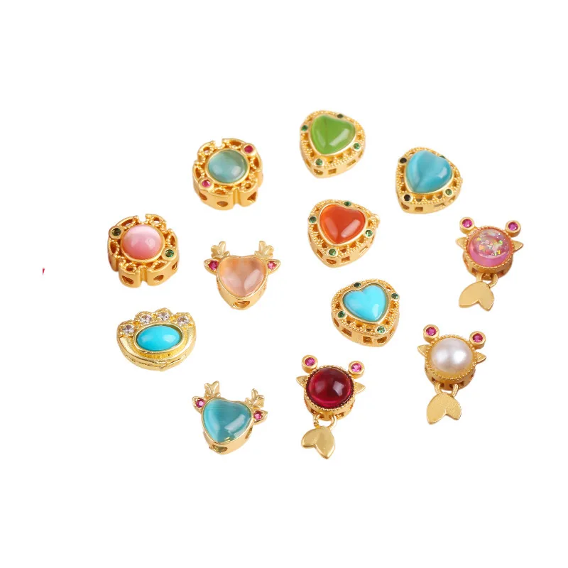 7pc Copper Plating Hollow Multi-pass Ring Inlaid Cat's Eye Stone Spacer Bead Diy Bracelet Necklace Jewelry Accessories Wholesale