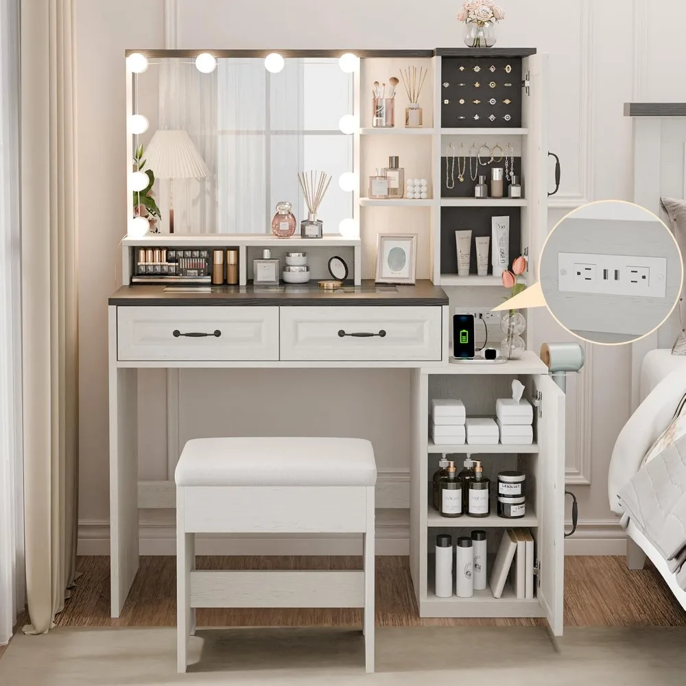 

Makeup Vanity Desk with Mirror and Lights, White Vanity Table Set with Charging Station, Glass Top Vanity with 2, Customized