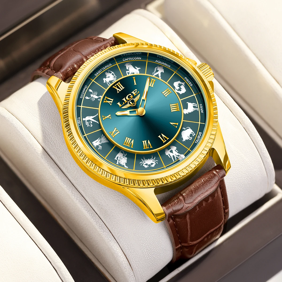 LIGE Quartz Man Watch Fashion Luxury Creative Constellations Dial Design Leather Casual Life Waterproof Watches for Men Gift+Box