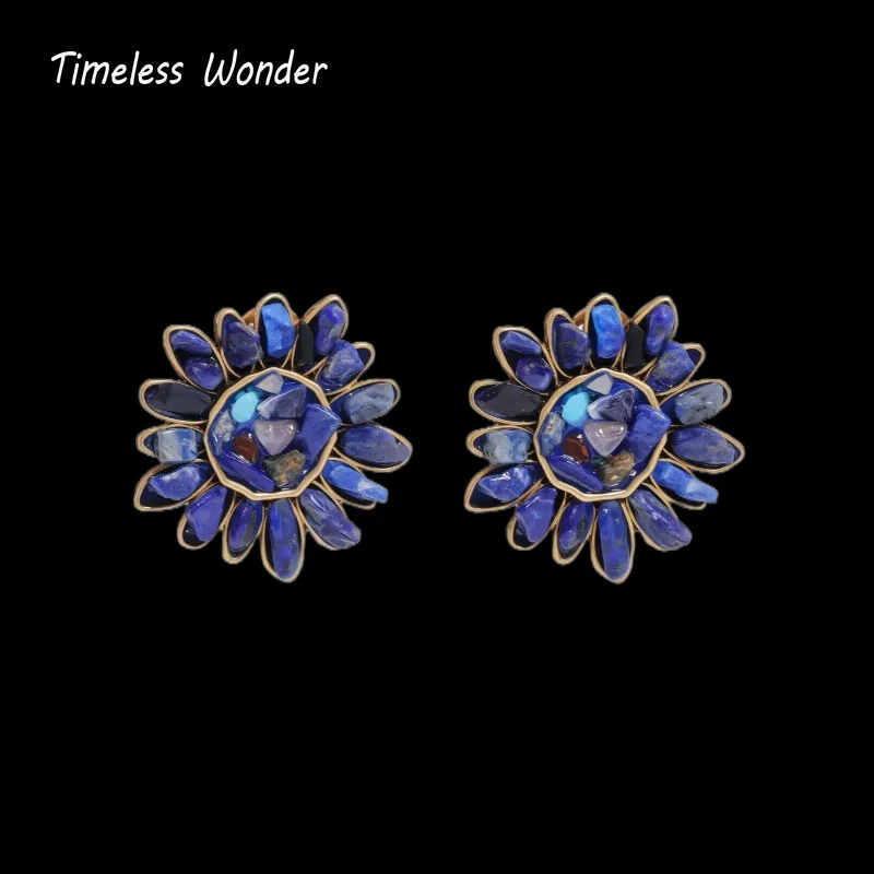 Timeless Wonder Retro Geo Stone Floral Button Earrings for Women Designer Jewelry Runway Rare Cute Top Gift Classy 2234