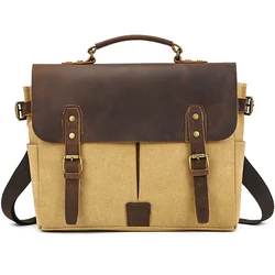 Male Canvas Genuine Leather Briefcase Large Handbag Messenger Bag 13