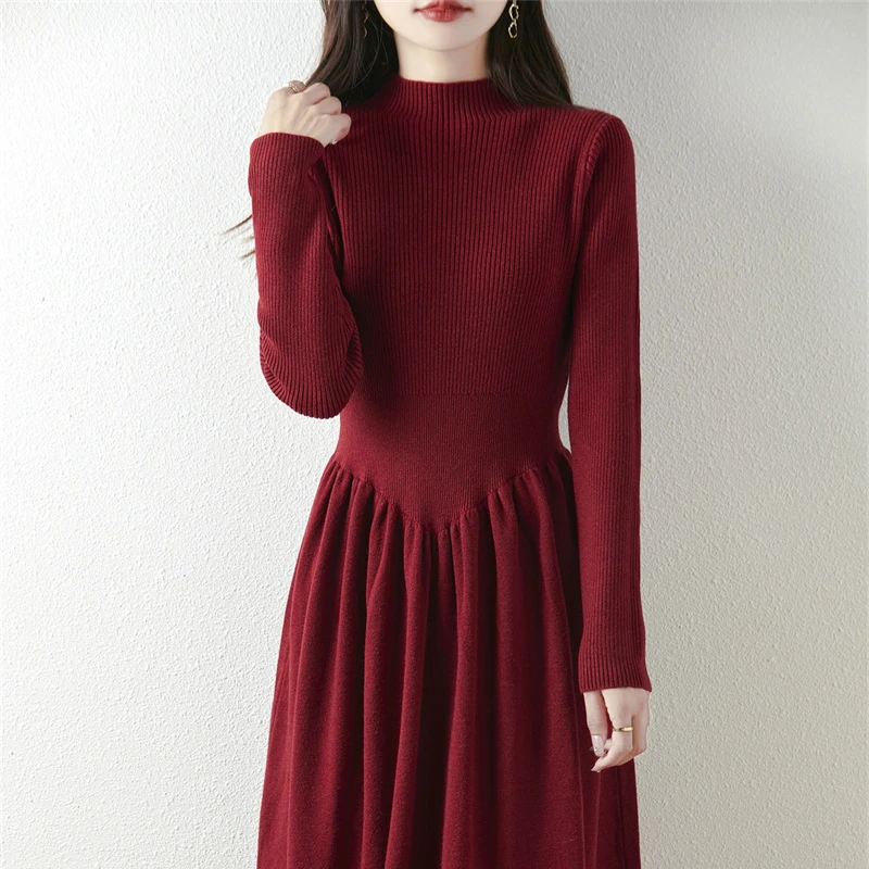 

Half High Neck Knitted Dress2024 Autumn And Winter Slimming Waist Cinching. Woolen Skirt With A large Hem For A mid Length Skirt