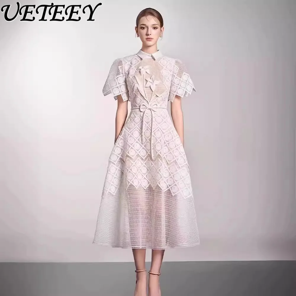 

Niche Temperament Lapel Flowers Diamond Mesh Short Sleeve Dress Female 2024 Summer New Elegant Waist-Controlled Large Hem Dress