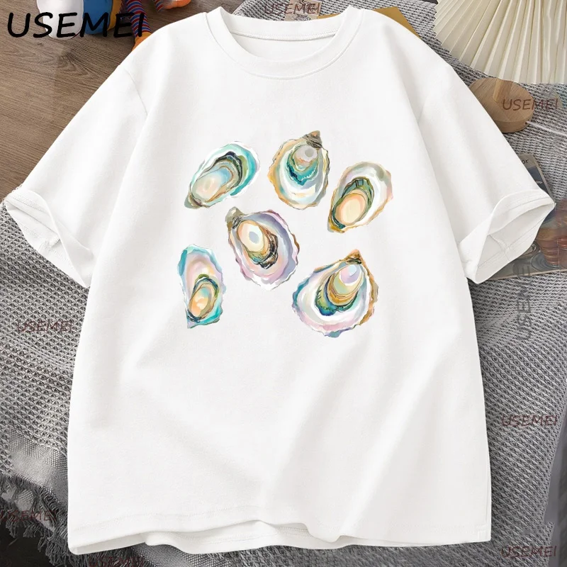 

Retro Oyster Lover T-shirt Watercolor Seafood Tee for Women Men Sea Life Tshirt Coastal Beach T Shirt Casual Cotton Short Tees