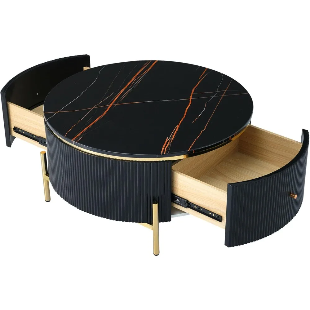 Modern Black and Gold Round Coffee Table with Drawers, Drum Style Marble Top Center Table with Golden Legs
