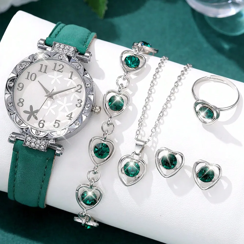 

6 шт., комплект женских часов, модные и элегантные цветочные элементы, цифровая шкала, кварцевые часы, комплект ювелирных изделий, идеальный подарок для друзей или мам