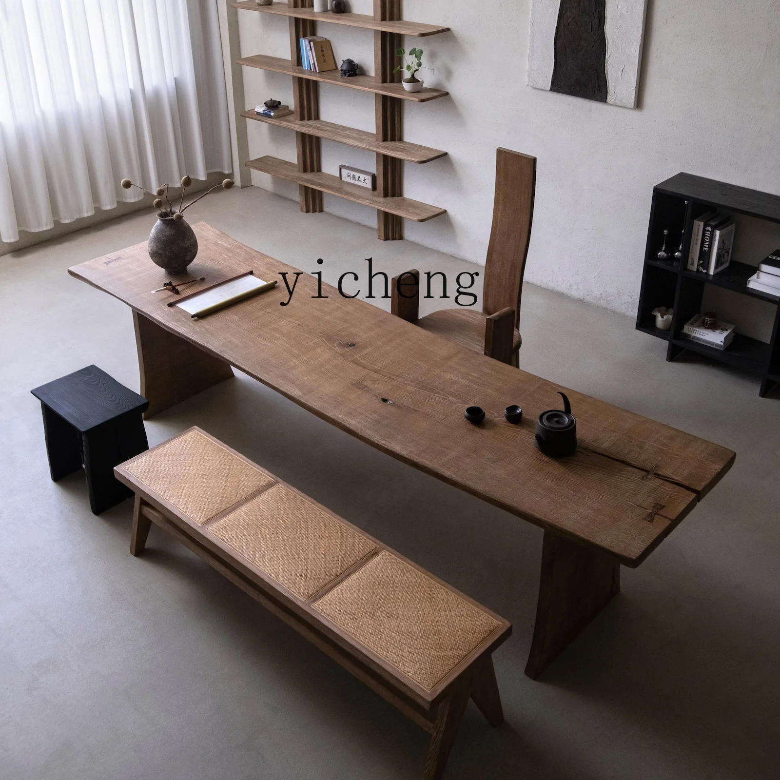 

LX Solid Wood Large Board Tea Table Desk Medieval White Wax Wood Weathered Original Wood Long Table