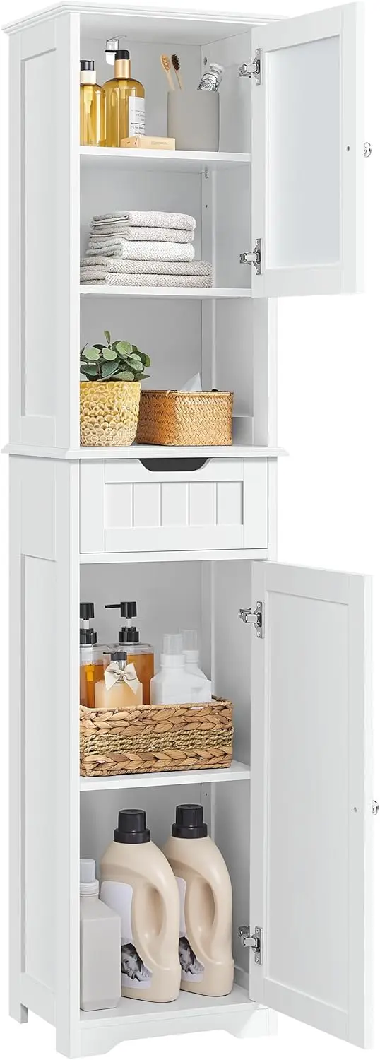 

67" Tall Narrow Bathroom Storage Cabinet with 2 Doors & Drawer, Adjustable Shelves, White