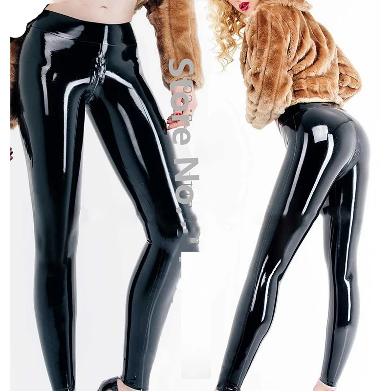 Natural Latex Stretch Pants Cool Black Women\'s Latex Leggings with Crotch Zipper