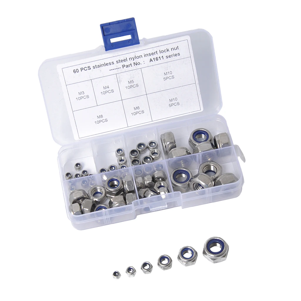 Nylon Insert Nuts, 304 Stainless Nut Assortment Set for Hardware Accessories Finish Hex 60PCS