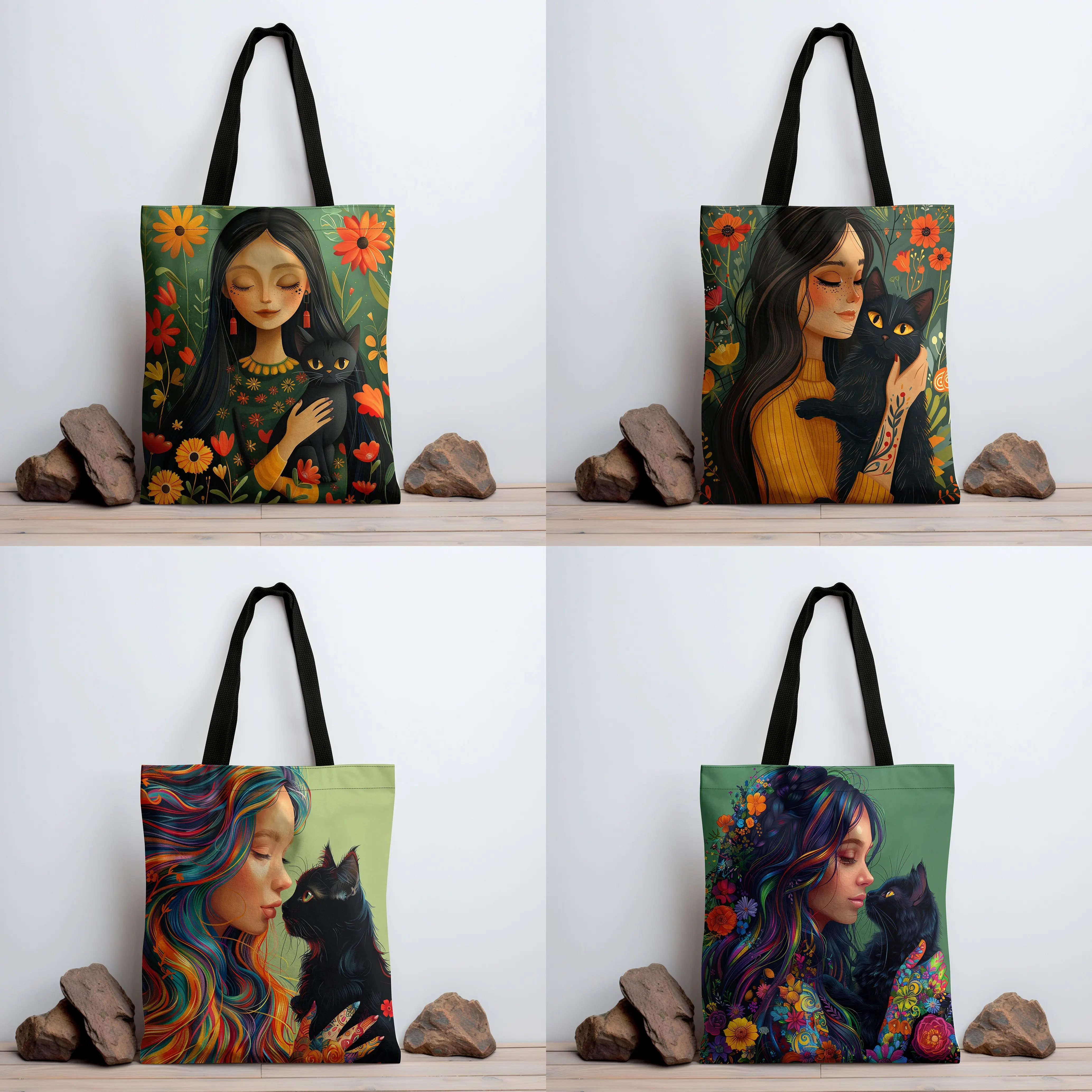 Schicke Einkaufstasche mit schwarzer Katze und Blumenmuster. Geräumige, hochwertige Einkaufs-Umhängetasche mit festen Trägern. Handtasche
