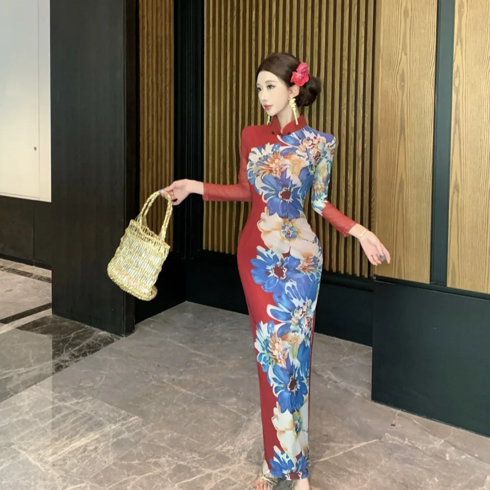 Ele Floral Me Split Qipao Dr Sexy Faionable Herbst Neue Ankunft frauen Lange Sve Bodycon Dr Chinesische Sle