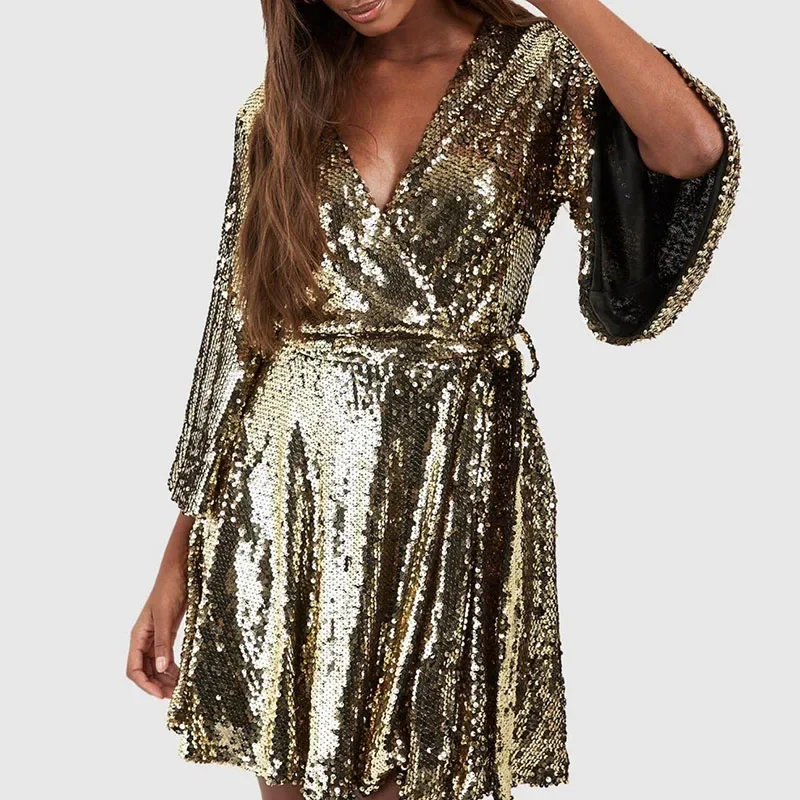 

Sexy Deep V-neck Hollow Gown Party Dress Women Spring Glitter Sequin Sharkly Mini Dress Autumn Long Sleeve Belted A-Line Dresses