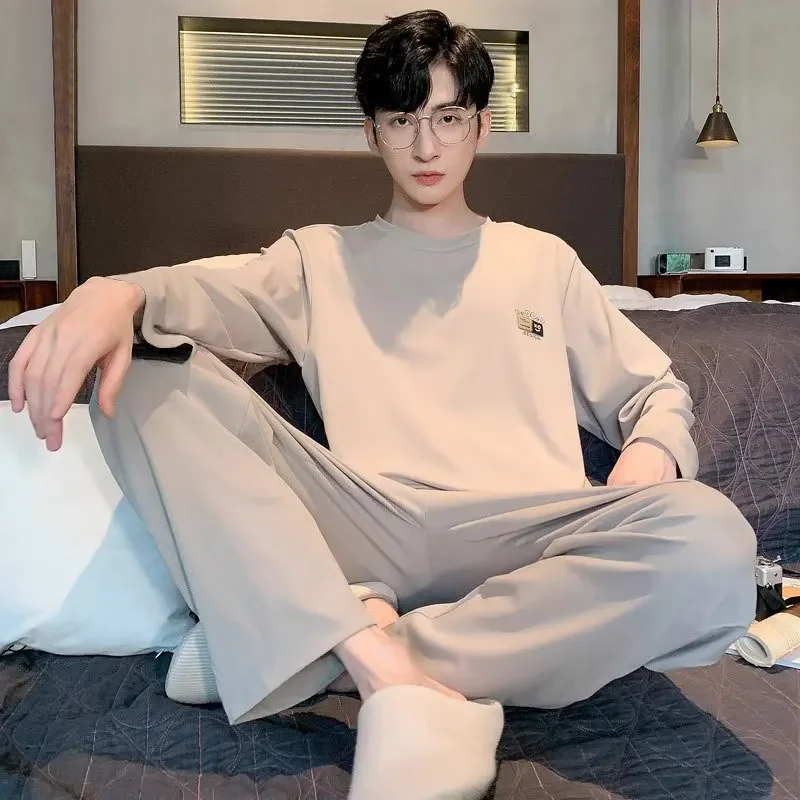 2PCS/Set Men Pajamas Long-Sleeved Korean Version of the Simple Button down Tops and Pants Nightwear Homewear Plaid Sleepwear