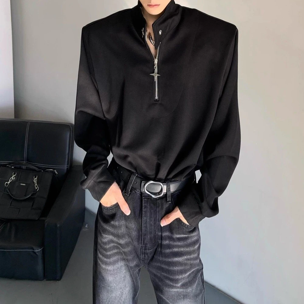 

Mens Sweatshirt Half Zip Shoulder Pad T-Shirt Streetwear Fashion Thin Versatile Couple Long-Sleeved Top Male Men'S Clothing 2024