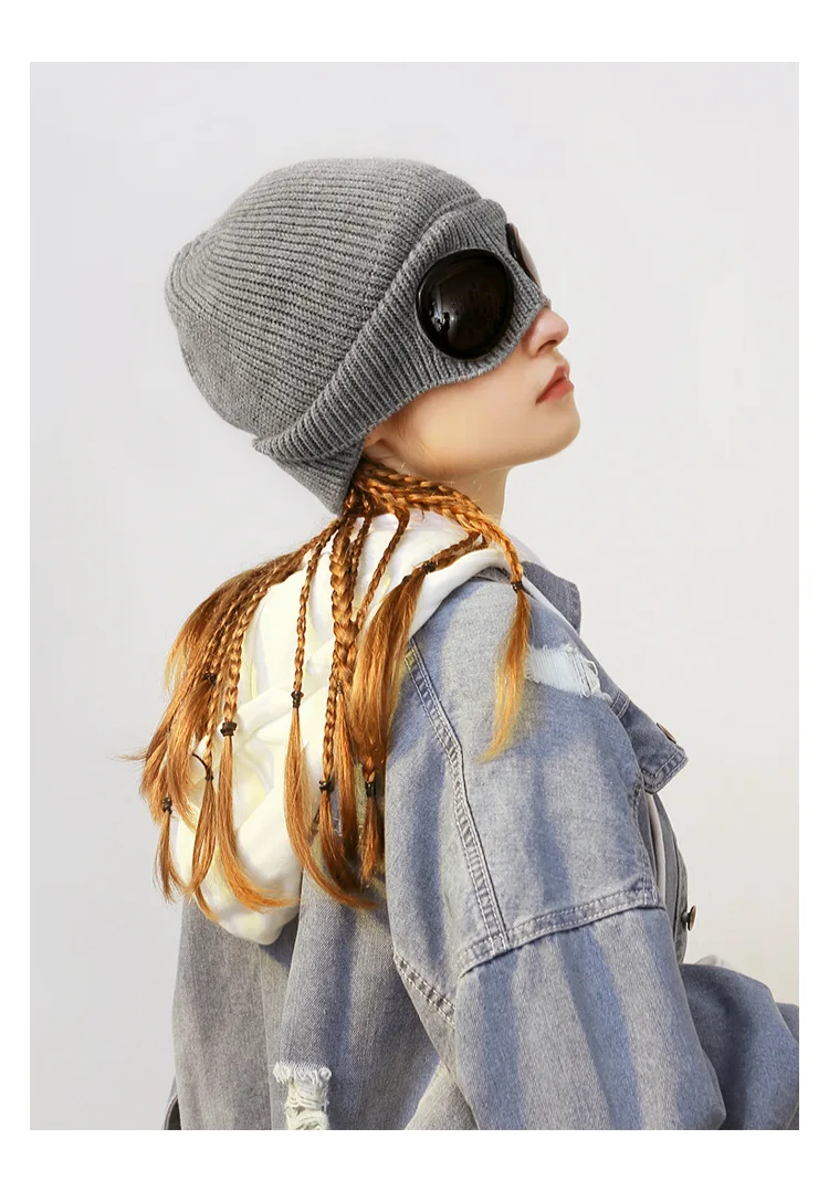 Panama Caps Strickmütze aus Wolle für Herren und Damen, Studenten-Kältemütze, Pilotenbrille, Plüschmütze, modische Outdoor-Wärmemütze H148 – Detail 11