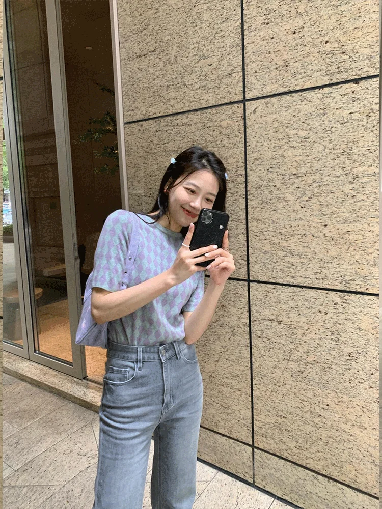 T-shirt ort Sve lavorata a maglia viola allegato Design estivo da donna Sensuale oulder Dimagrante Ele Top sottile coreano Sle