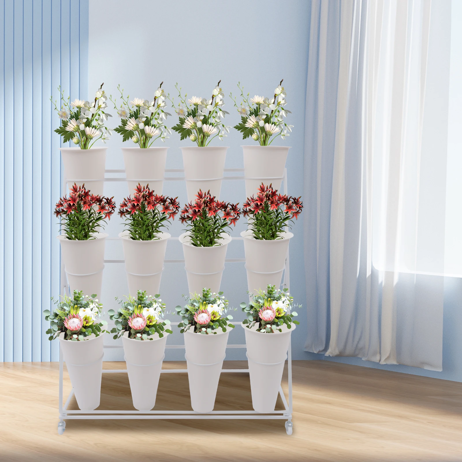 حامل نباتي معدني مكون من 3 طبقات مع عجلات مع دلو زهور، حامل عرض زهور حديث للاستخدام الداخلي والخارجي لشرفة الفناء المنزلي #4