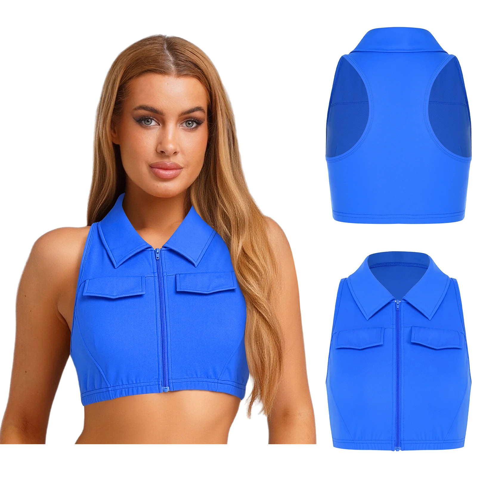 

Women Fashion Zipper Cargo Vest Sleeveless Navel Exposed Crop Top with Removable Chest Pads for Workout Fitness Hip Hop Dance