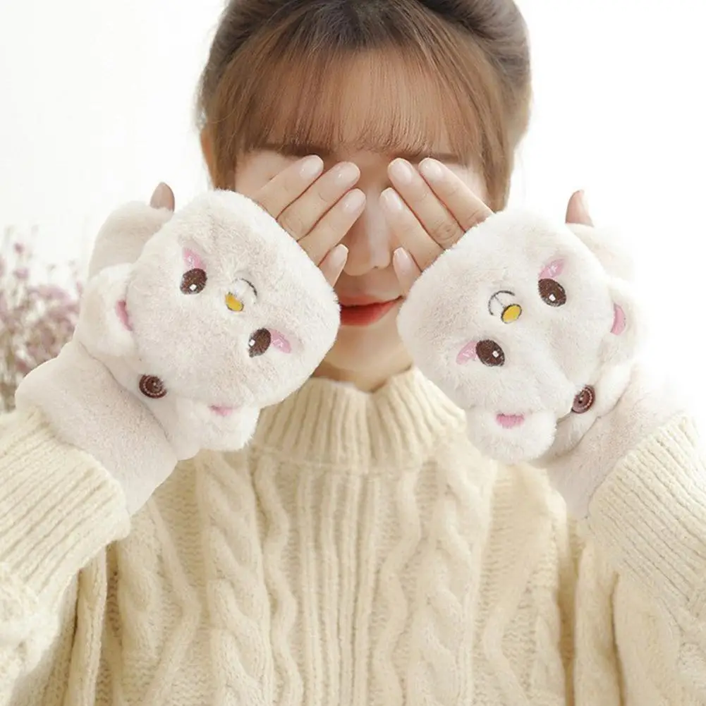 2024 New Cute Knit Mittens Plush Fingerless Gloves Flip Half Finger Driving Glove Winter Soft Warm Thick Gloves For Women Girl