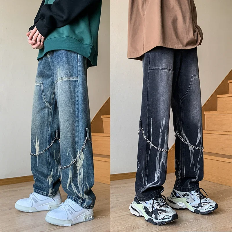 

Men's Tie-dyed Straight Jeans Hip Hop Neutral Denim Trousers Loose Wide Leg Street Cargo Pants Man chain Baggy Jeans Large 5xl