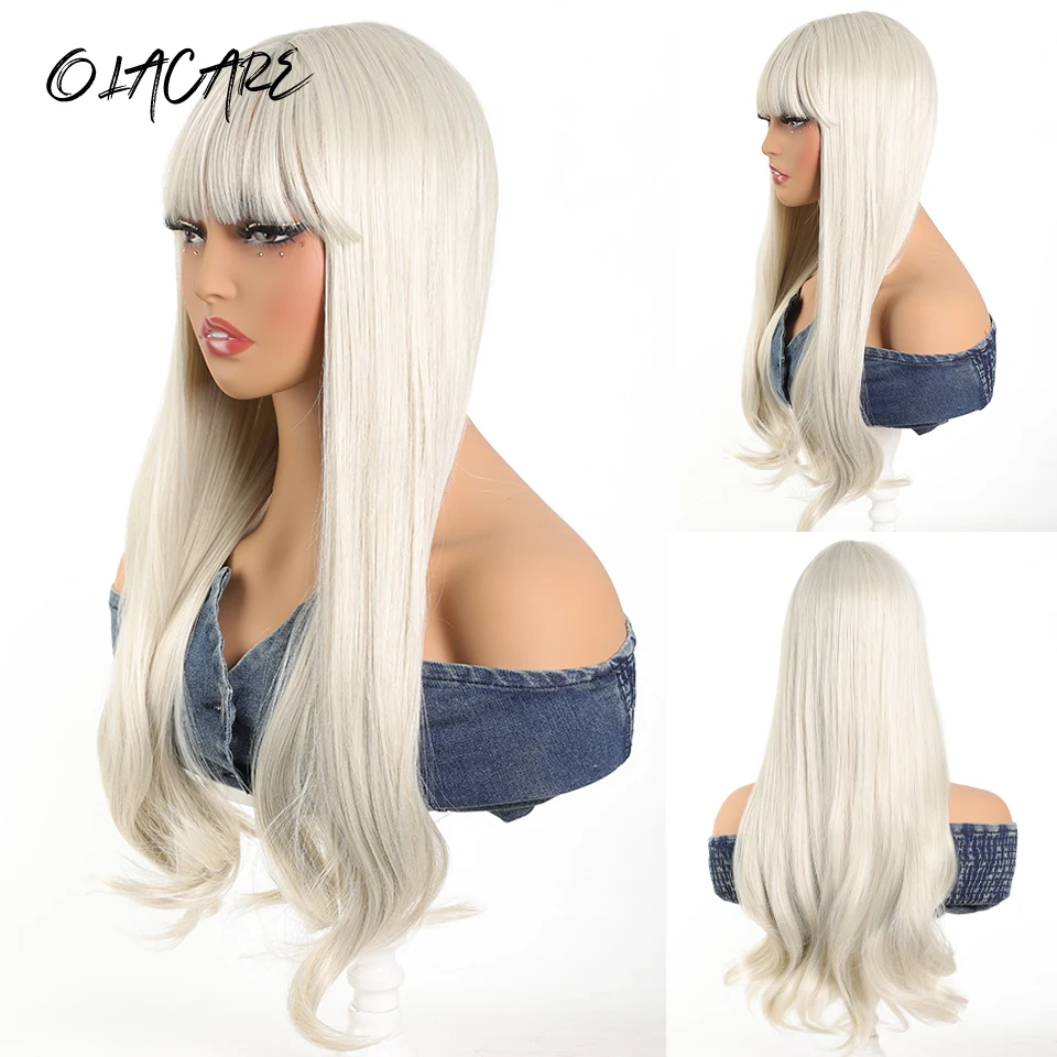 

OLACARE Long Natural Wavy Platinum Blonde Wigs with Bangs Cosplay Party Lolita Synthetic Wigs for Women Heat Resistant Fiber