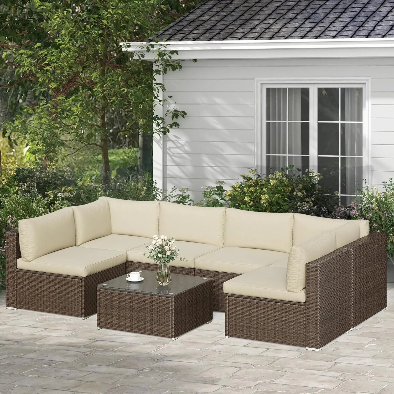 7 Piece Patio Sectional Sofa  Conversation Sofa Set with Glass Table, Removable  Cushions