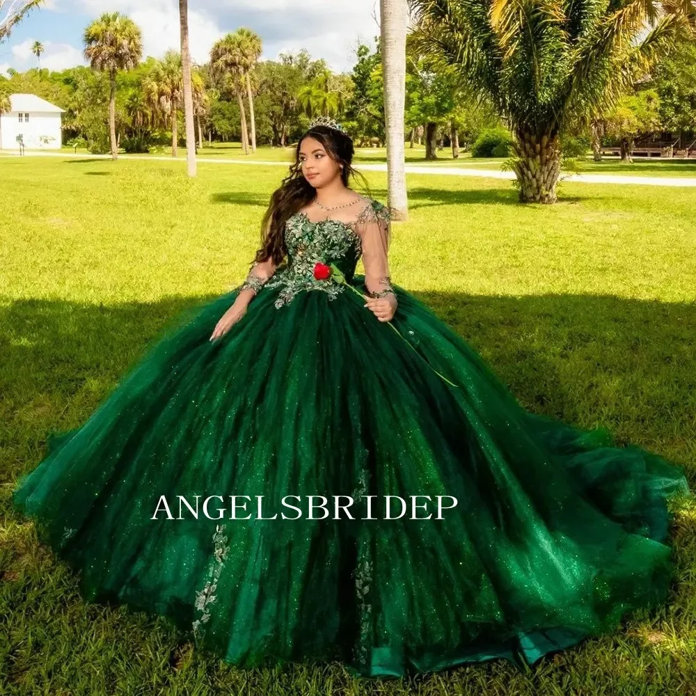 Smaragdgrün Langarm Kristall kugel Kleid Quince anera Kleid 3d Blumen applikationen Prinzessin süß 16 Vestidos de XV