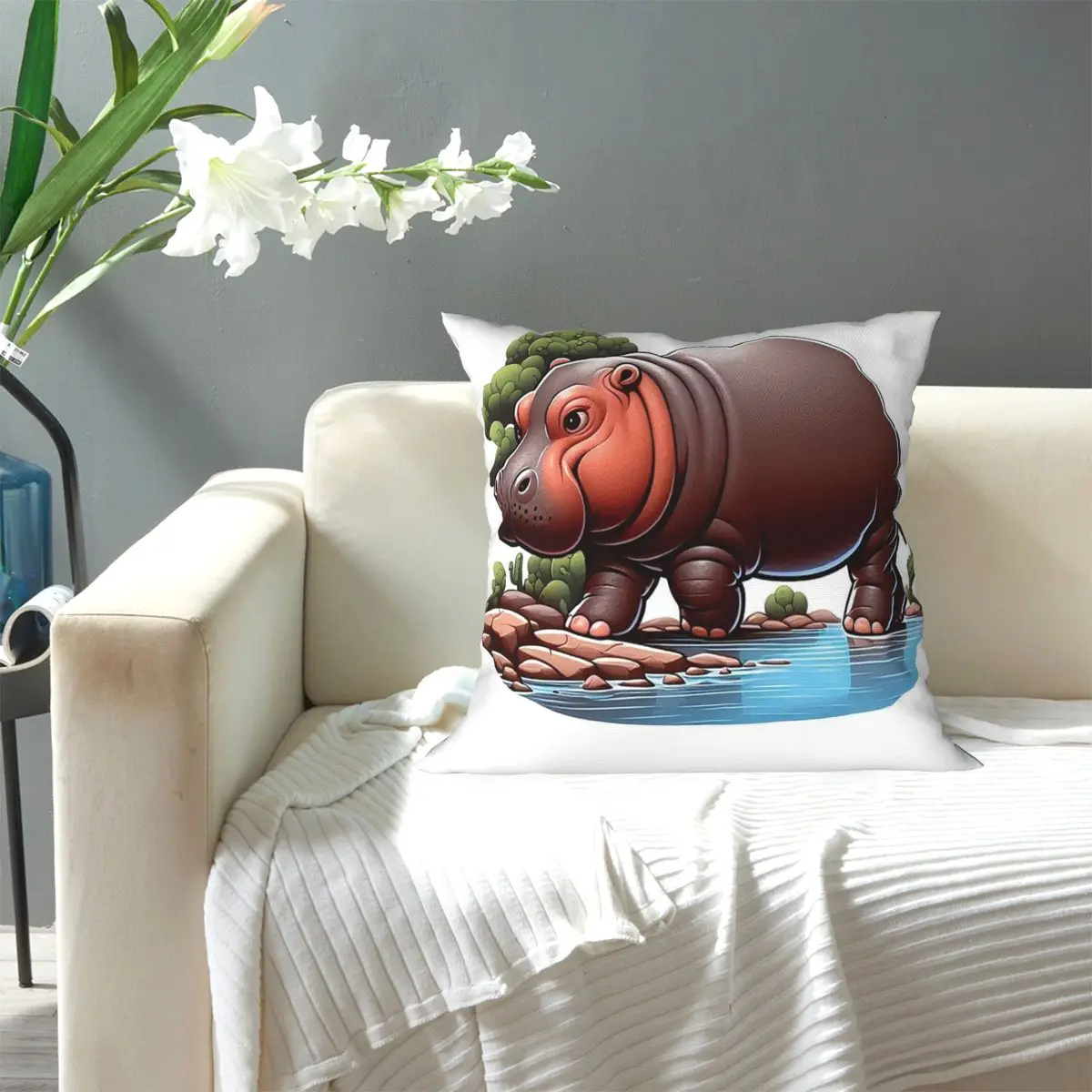 A Pygmy Hippopotamus Strolling By The River Square Pillowcase Pillow Cover Cushion Zip Decorative Throw Pillow for Home Sofa