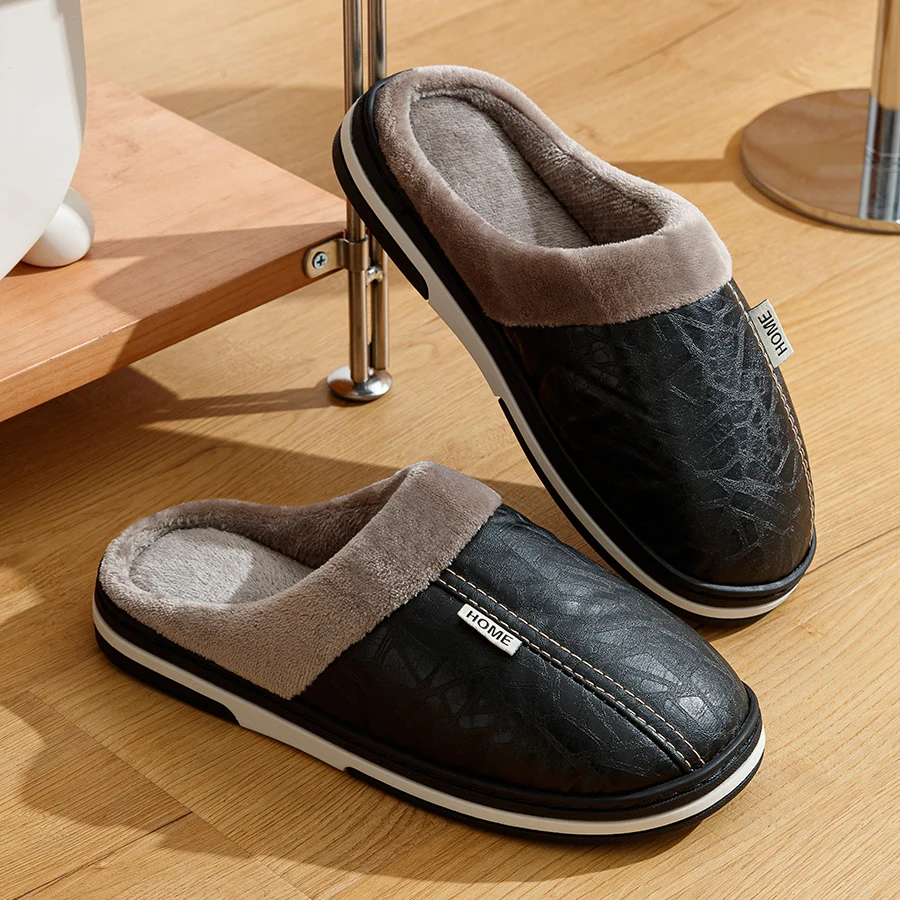 Mens Winter Slippers PU Leather Waterproof Indoor House Shoes Big Size Warm Fur Lined Home Bedroom Slippers