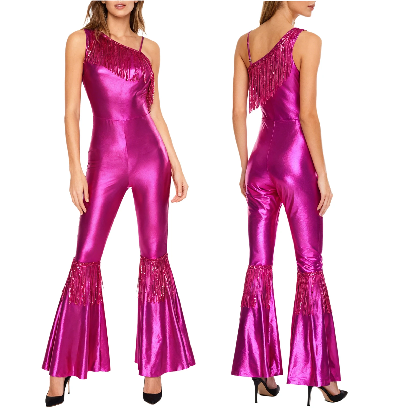 

Women Vintage Tassel Sleeveless Long Pants Rompers Fashion Disco Waltz Tango Jazz Tap Party Club Stage Performance Jumpsuits