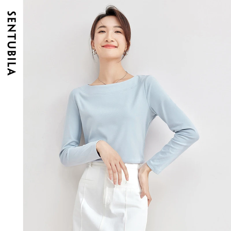 SENTUBILA Cotton Slash Neck T-shirt for Women 2024 Autumn Simple Slim Fit Long Sleeve Casual Basic Women Clothing 143T57728X