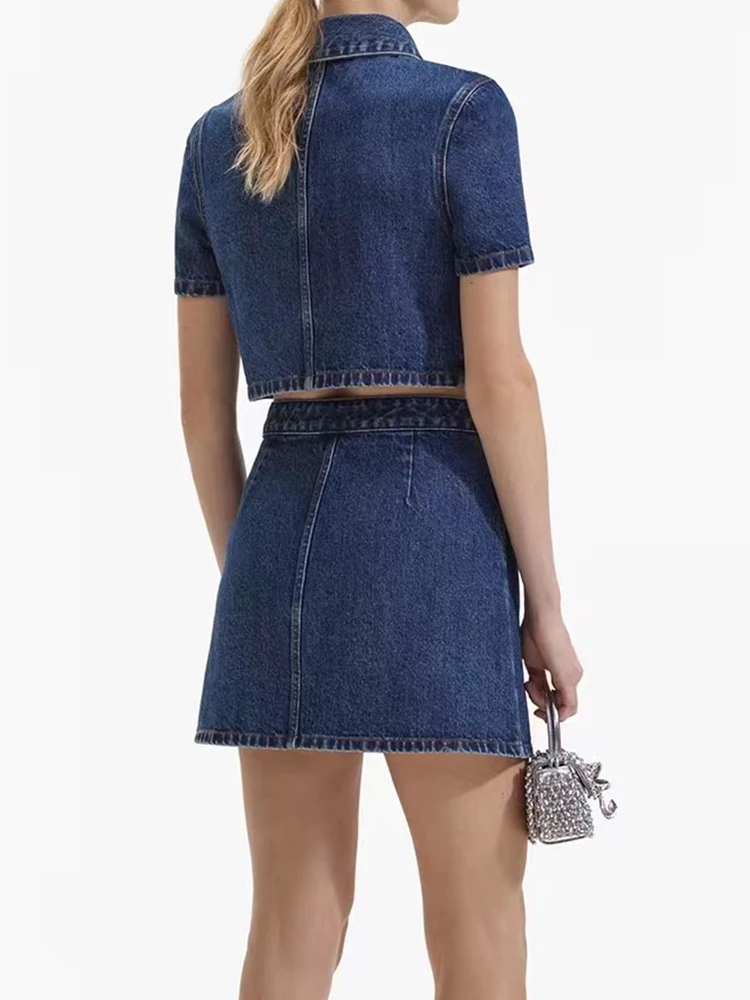 Spring Summer New Fashion Rhinestone Bow Blue Denim Set Women Turn-Down Collar Short Sleeve Shirt or A-Line Mini Skirt Suit 2024