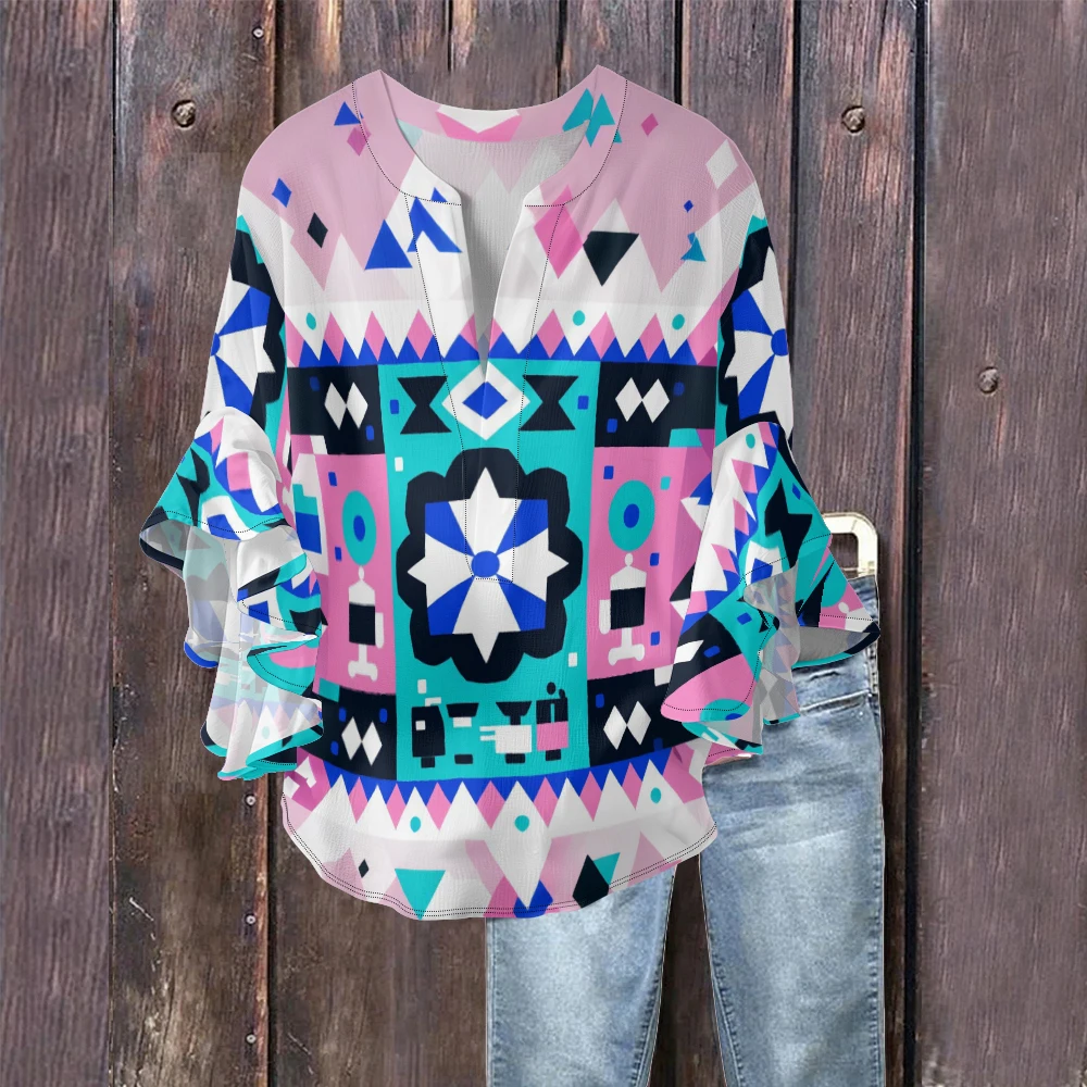 

Женская блузка с красочным геометрическим узором, повседневная модная футболка с v-образным вырезом и рюшами на рукавах, мягкая эластичная тканевая футболка для повседневного использования